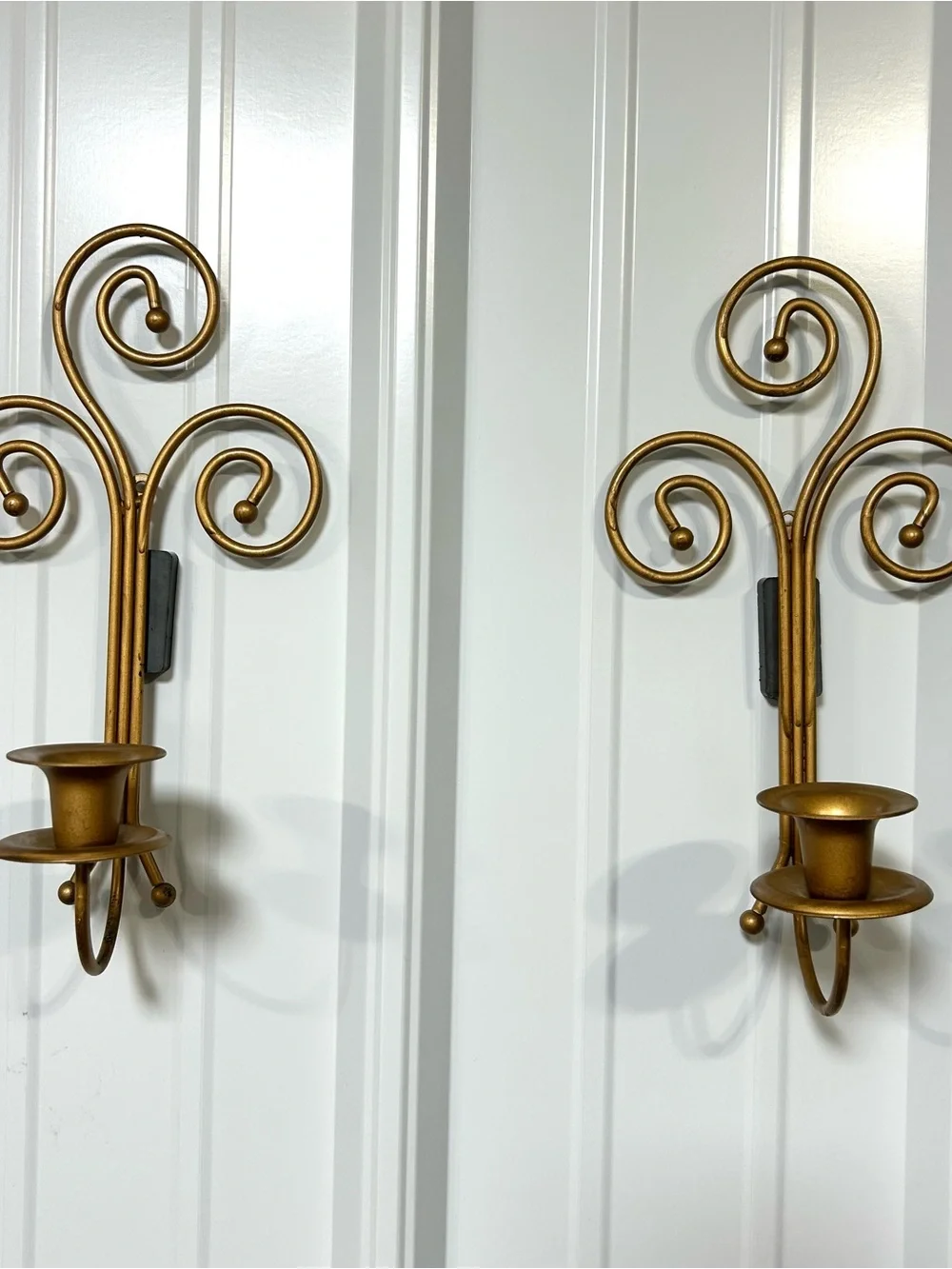 Home Interiors Vintage Antique Gold Metal Scroll Wall Sconce Pair Taper Candles